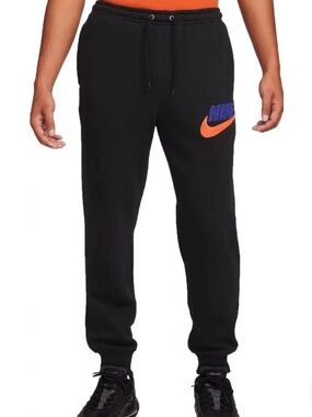 Nike Sportswear Club Fleece Retro Athletic Joggers Black Orange Blue Logo Size M